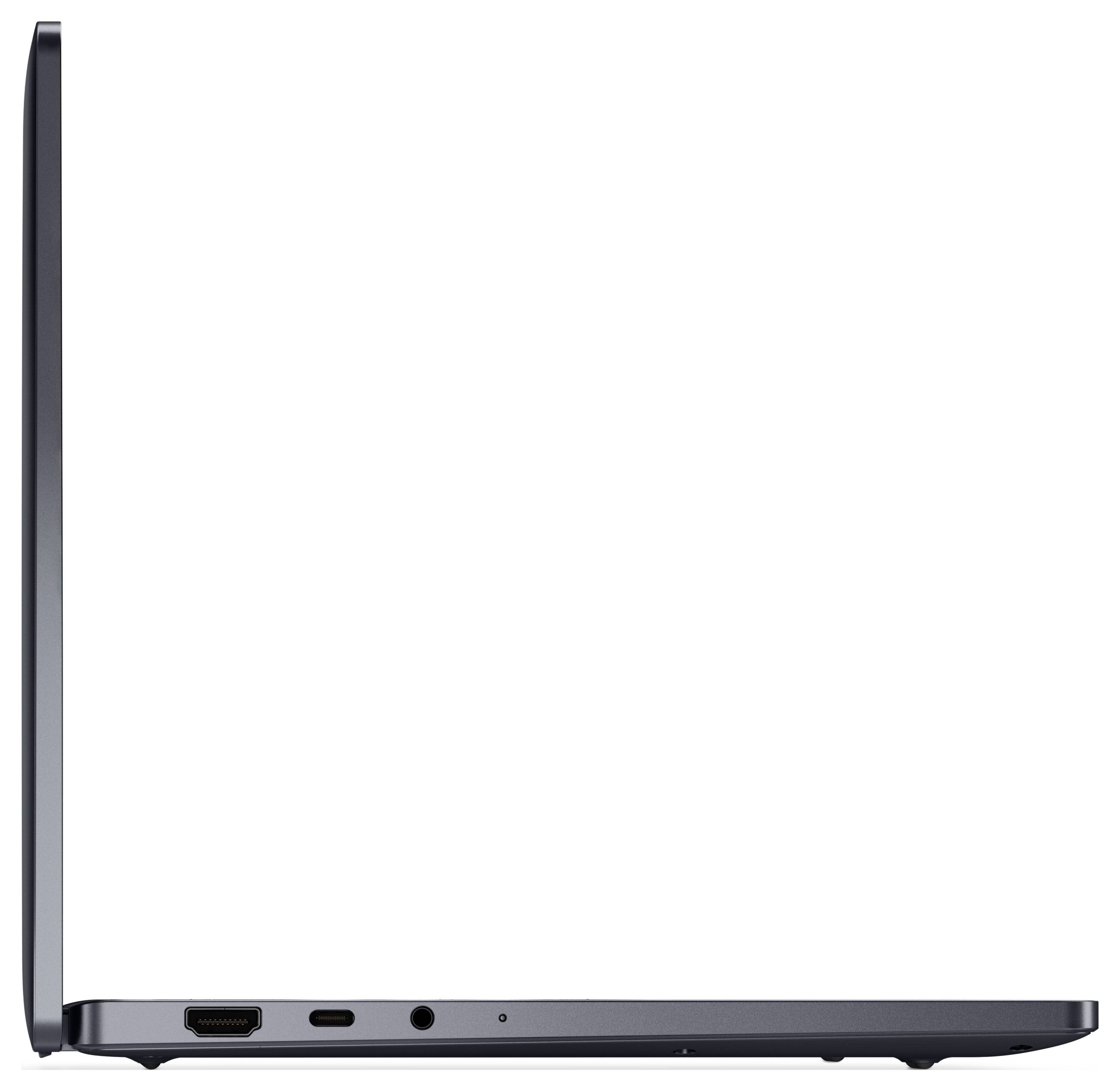 Ein schlanker, teilweise offener Laptop von der Seite betrachtet, der Anschlüsse und dünnes Profil vor weißem Hintergrund zeigt.
