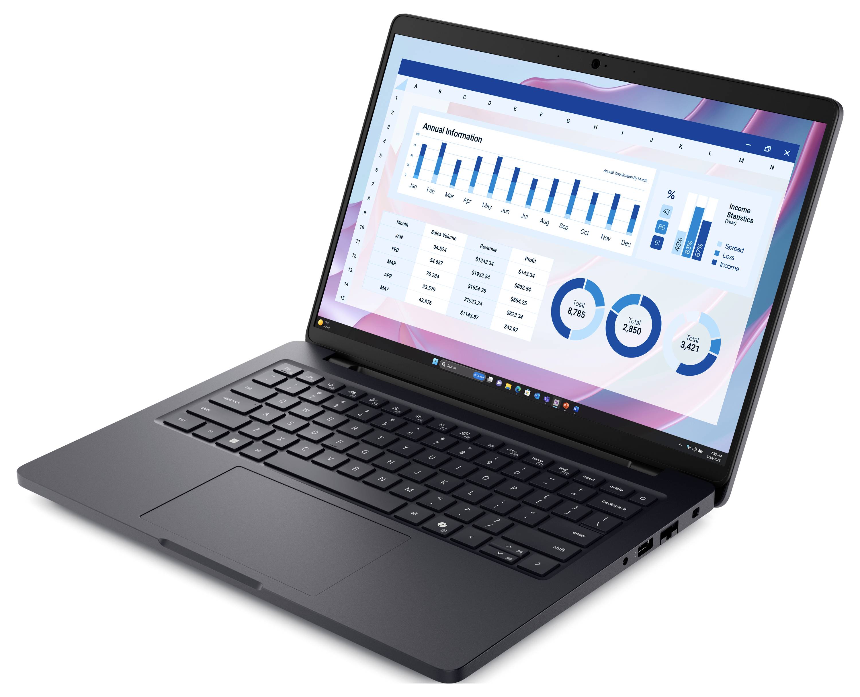 Ein Laptop, auf dessen Bildschirm Diagramme und Grafiken angezeigt werden. Die Grafiken zeigen jährliche Informationen, einschließlich Balkendiagrammen für monatliche Einnahmen und Kreisdiagrammen für Ausgaben.