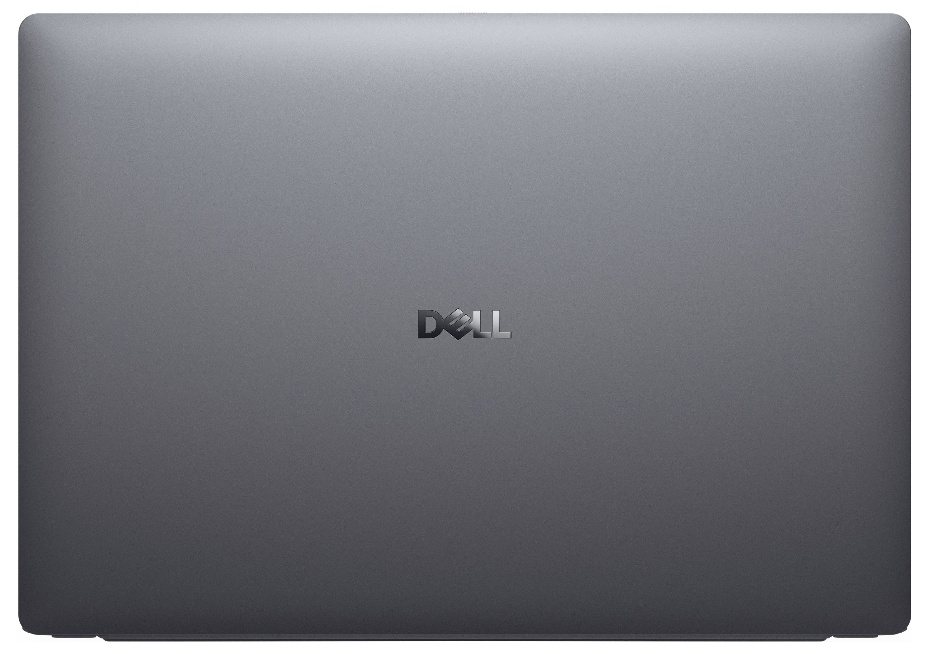 Ein geschlossener, grauer Dell-Laptop, von oben betrachtet, mit dem Dell-Logo in der Mitte des Deckels.