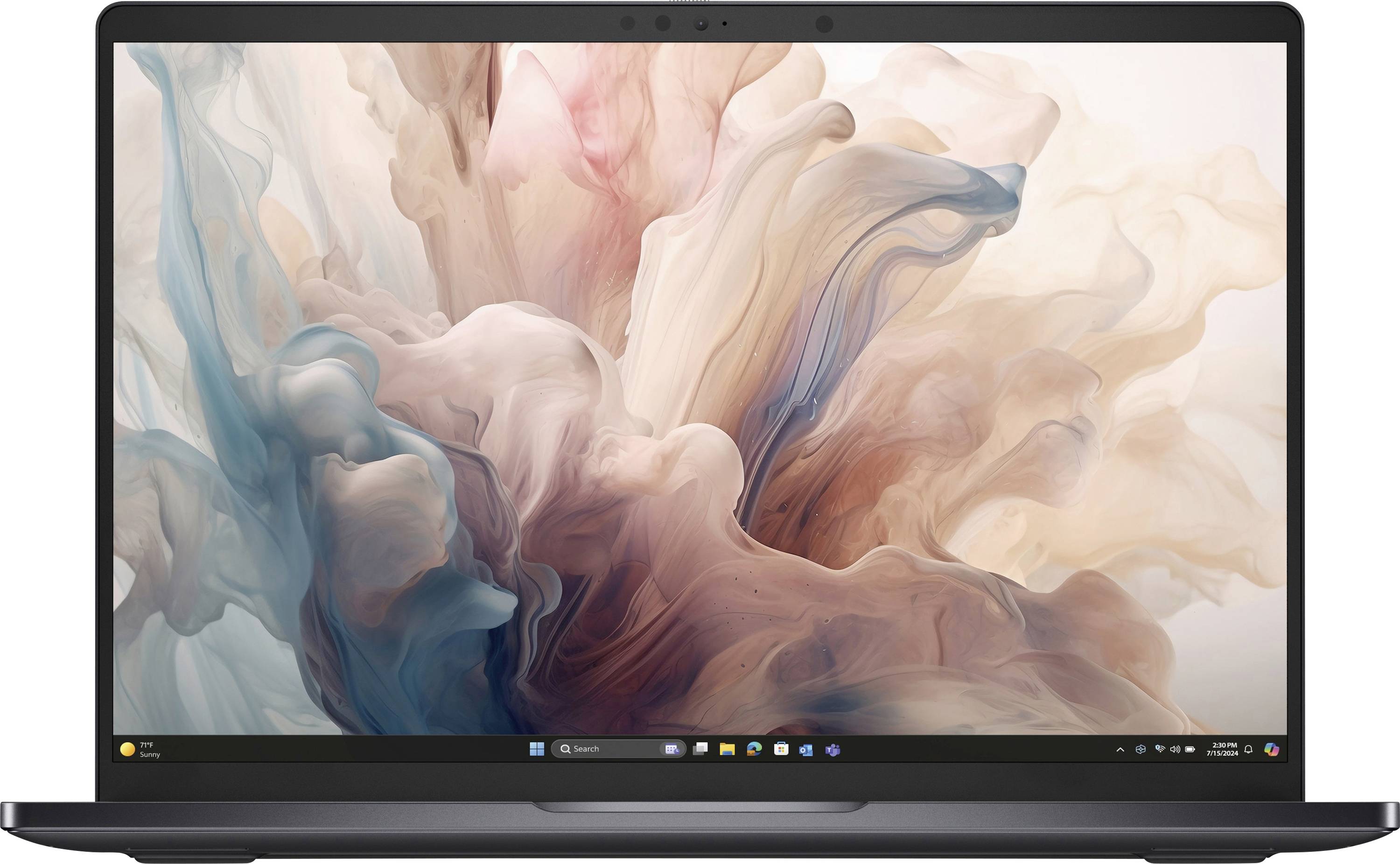 Ein Laptop, auf dessen Bildschirm ein buntes abstraktes Wirbelmuster angezeigt wird. Die Szene zeigt sanfte rosa und blaue Töne, die ineinander übergehen.