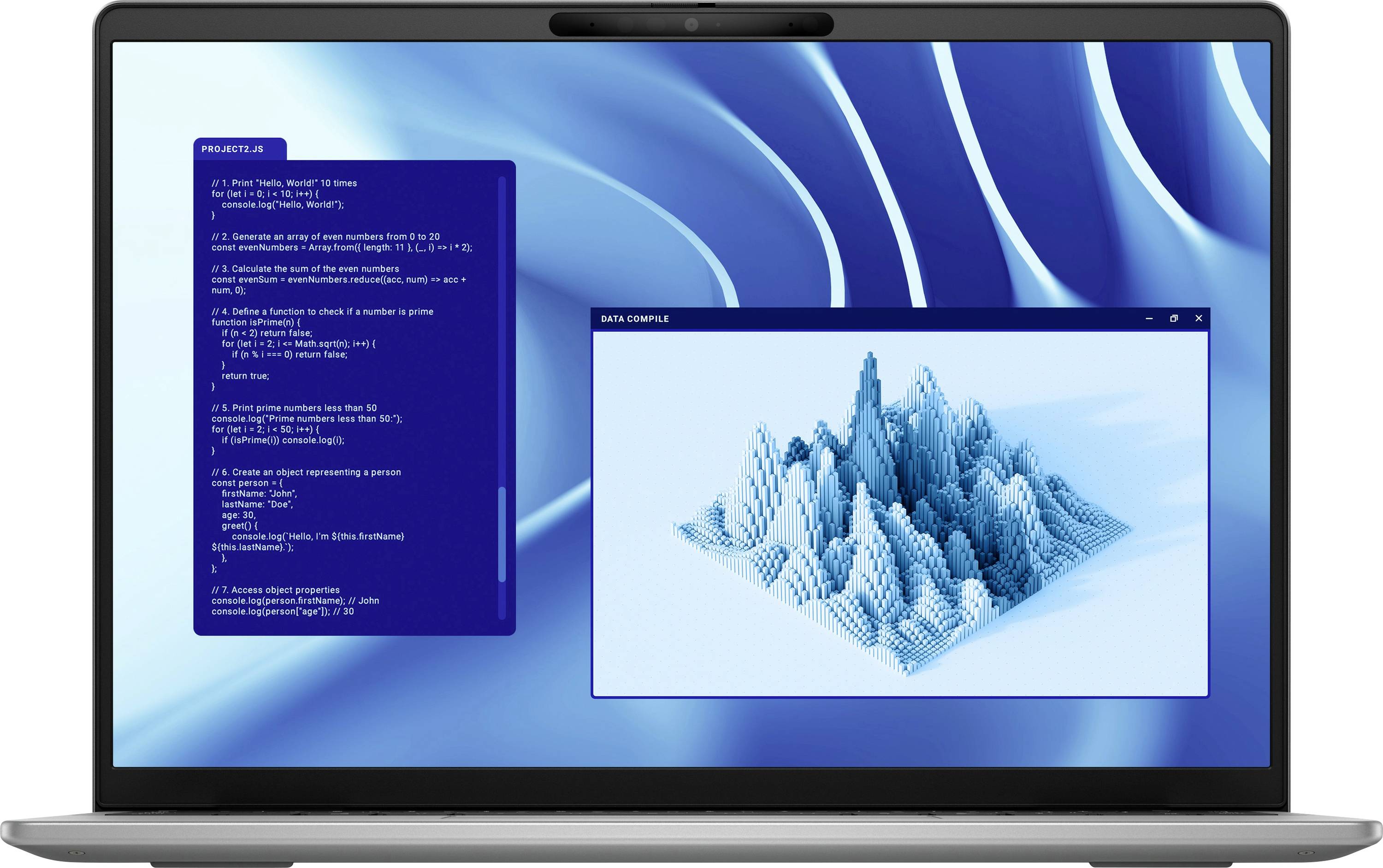 Ein Laptop-Bildschirm zeigt ein 3D-Datendiagramm mit Spitzen, beschriftet mit „Data Compute", und eine Liste numerischer Aufgaben vor einem blauen Wellenhintergrund.