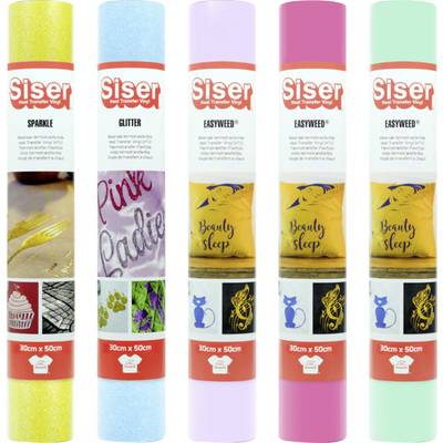 „Fünf Rollen Siser-Vinyl in verschiedenen Farben: Blauglitter, Purpurglitter, Hellrosa, Gelb und erneut Hellrosa, jeweils mit der Bezeichnung Easyweed."