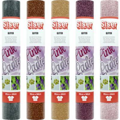 Vier Rollen Siser-Glittervinyls in Braun, Roségold, Gold und Rosa, jede mit der Beschriftung „Pink Ladies" mit floralen Hintergründen und Pfotendruck-Mustern.