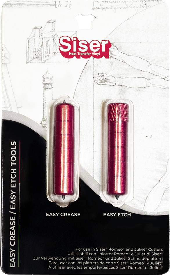 Paket mit zwei roten Werkzeugen mit der Bezeichnung „Easy Crease" und „Easy Etch" zur Verwendung mit Siser-Wärmeübertragungsfolie.