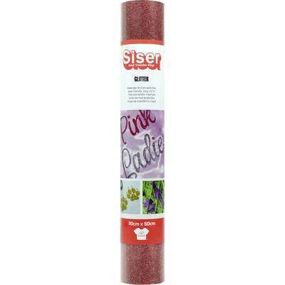 Rolle aus rotem Glitterfolienblatt mit der Bezeichnung "Siser Glitter" zum Basteln. Zeigt Beispiele von Designs mit Glitter, einschließlich Text "Pink Ladies" und Mustern.