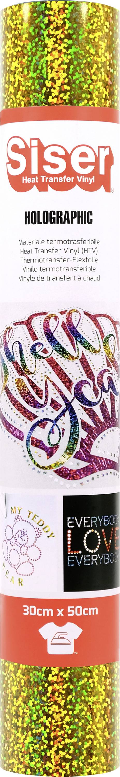 Eine Rolle Siser Holographisches Vinyl, 30 cm x 50 cm, zeigt ein farbenfrohes Herzdesign mit dem Text „EVERYBODY LOVE EVERYBODY" darunter.