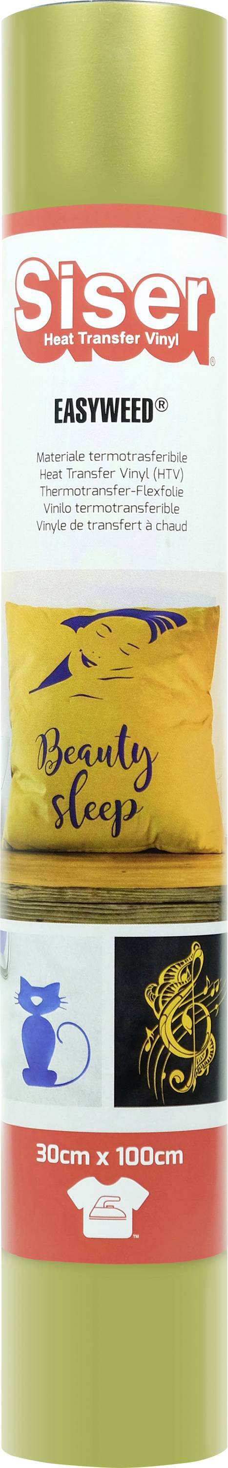 'Eine Goldrolle Siser EasyWeed Textiltransferstoff, 30cm x 100cm, mit Designs: ein „Beauty Sleep" Kissen, eine Katze und ein Drache.'
