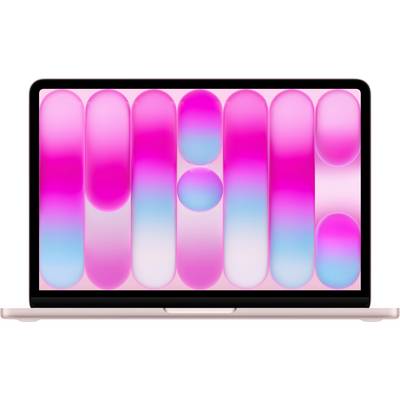 Ein Laptop-Bildschirm zeigt ein abstraktes rosa und blaues Design mit überlappenden elliptischen Formen, das einen lebendigen und farbenfrohen Hintergrund schafft.