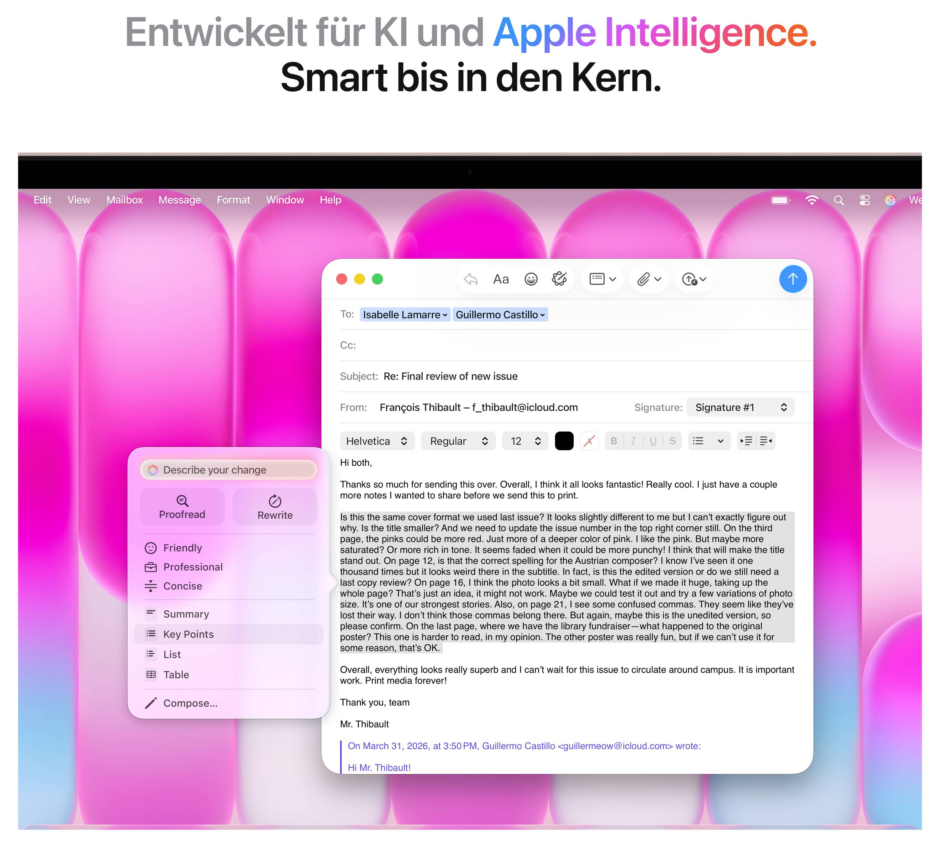 Ein Computerbildschirm zeigt eine E-Mail-Anwendung mit hervorgehobenen Textkorrekturvorschlägen. Oben steht 'Entwickelt für KI und Apple Intelligence. Smart bis in den Kern.'