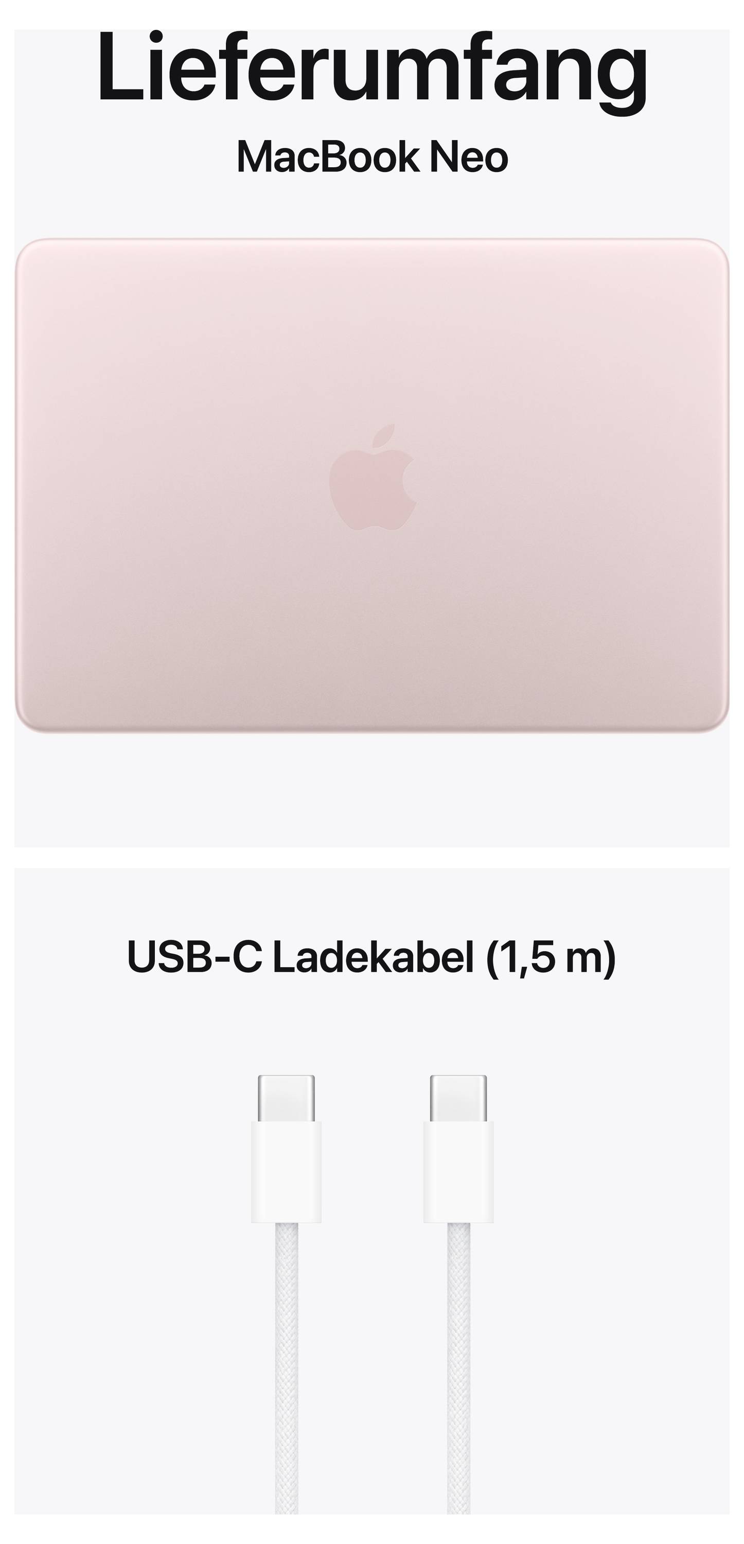 'Lieferumfang: MacBook Neo in Roségold und ein 1,5 m USB-C Ladekabel.'
