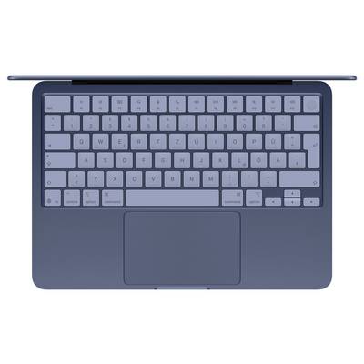 Draufsicht einer Laptop-Tastatur und eines Touchpads mit kompaktem, minimalistischem Design. Die Tasten sind beschriftet, und die Tastatur ist zentriert.