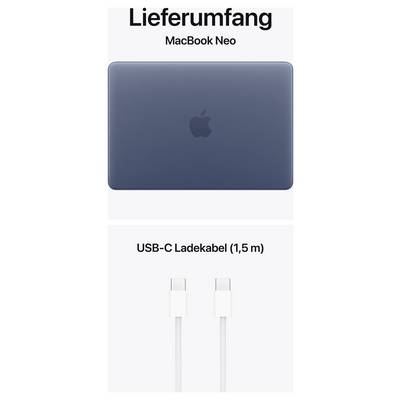 'Lieferumfang MacBook Neo': Bild zeigt ein geschlossenes MacBook Neo und ein USB-C Ladekabel (1,5 m).