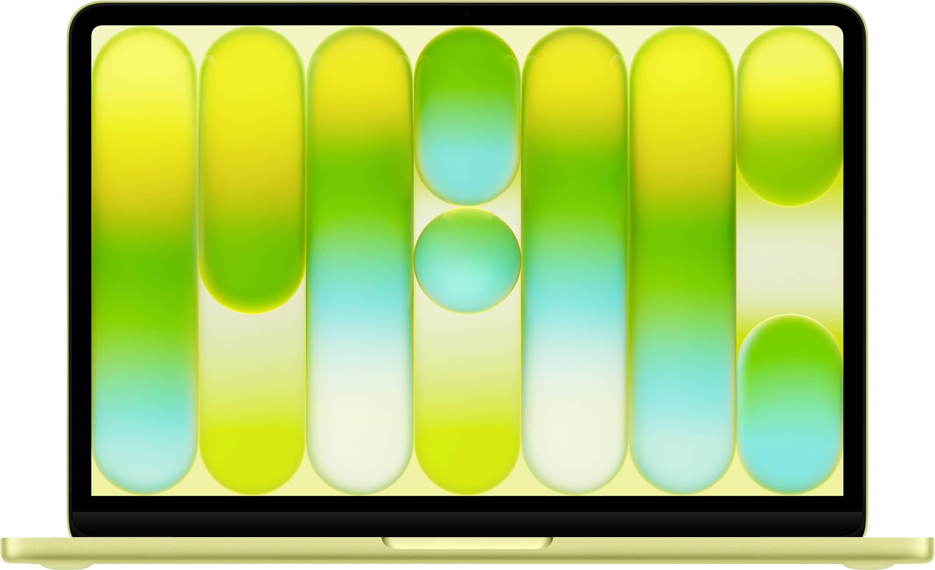 Ein Laptop mit einem geometrischen, farbenfrohen Bildschirmschoner, der sich wiederholende, längliche Ovale in Gelb-, Grün- und Blautönen zeigt.