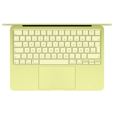 Draufsicht einer gelben Laptop-Tastatur und eines Trackpads mit QWERTZ-Layout.