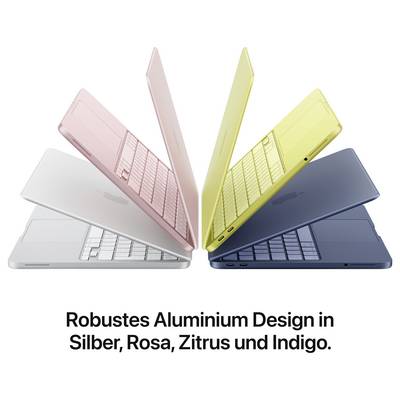 Vier Laptops in verschiedenen Farben (Silber, Rosa, Zitrus, Indigo) bilden eine stilvolle, symmetrische Anordnung.