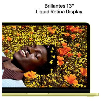 Person lächelt, liegend in einem Feld mit gelben und orangefarbenen Blumen. Text oben: 'Brillantes 13" Liquid Retina Display.'