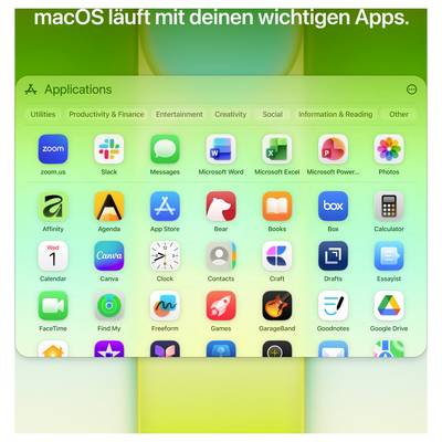 'macOS läuft mit deinen wichtigen Apps.' zeigt eine Übersicht von Anwendungen wie Zoom, Messages, Microsoft Word und GarageBand auf einem Mac-Bildschirm.