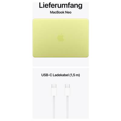 'Lieferumfang: MacBook Neo in Gelb und USB-C Ladekabel (1,5 m).'