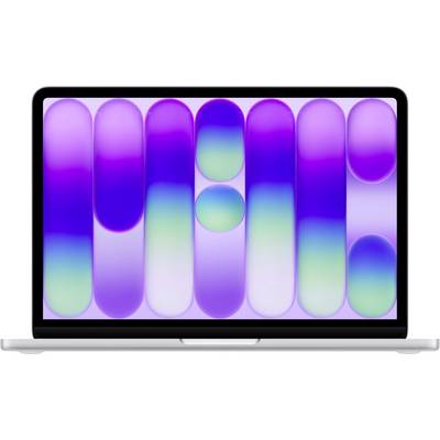 Ein Laptop mit einem farbenfrohen abstrakten Hintergrundbild mit länglichen Formen in Schattierungen von Violett, Blau und Grün, die auf dem Bildschirm angezeigt werden.