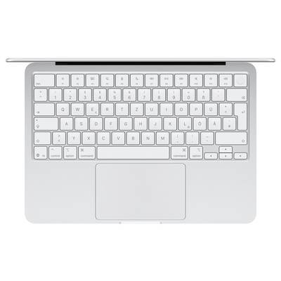 Eine silberne Laptop-Tastatur und ein Trackpad aus der Vogelperspektive, die ein kompaktes Layout mit Tasten wie 'Esc', Funktionstasten und Pfeiltasten zeigen.