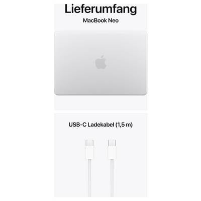 'Lieferumfang MacBook Neo' mit abgebildetem geschlossenen Laptop und USB-C Ladekabel (1,5 m) darunter.