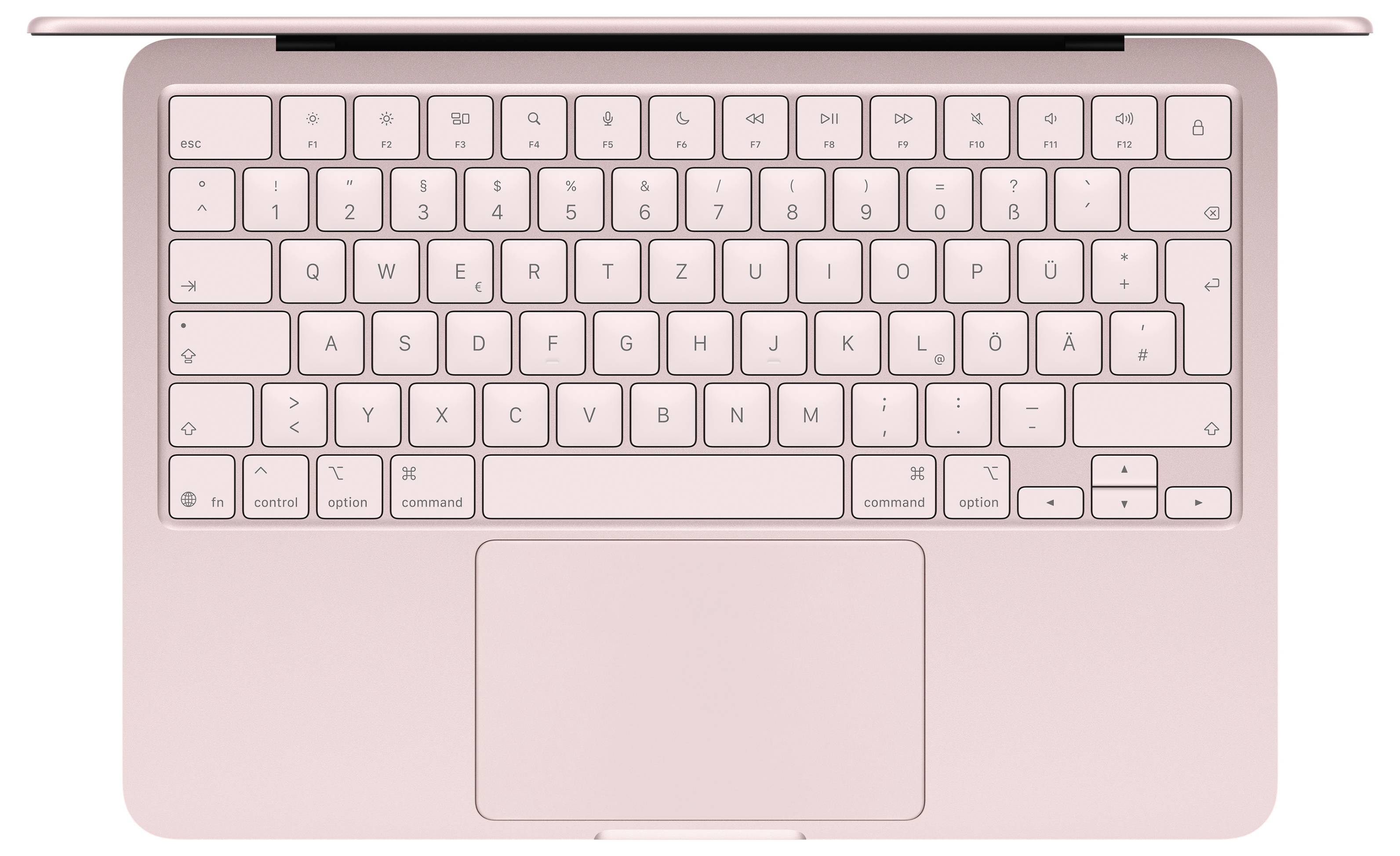 Eine rosegoldene Laptop-Tastatur wird von oben gezeigt und verfügt über ein Trackpad darunter sowie ein deutsches QWERTZ-Layout.