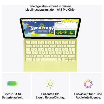 Ein gelbes Laptop mit offenem Bildschirm zeigt eine Sportanwendung. Text besagt: 'Bis zu 16 Std. Batterielaufzeit. Brillantes 13" Liquid Retina Display. Entwickelt für KI und Apple Intelligenz.'