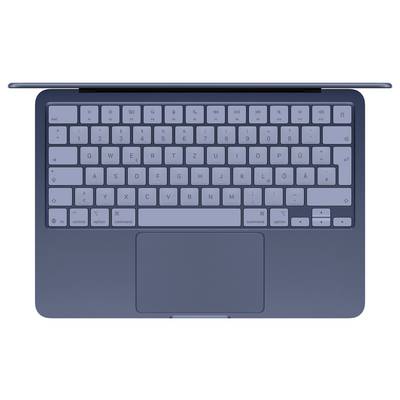 Eine Draufsicht auf einen offenen Laptop mit einer Tastatur mit englischen Buchstaben und Spezialtatsen sowie einem Touchpad darunter, auf einer ebenen Fläche angebracht.