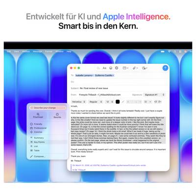 Ein Computerbildschirm zeigt eine E-Mail-Anwendung mit dem Text 'Entwickelt für KI und Apple Intelligence. Smart bis in den Kern.' im Hintergrund.