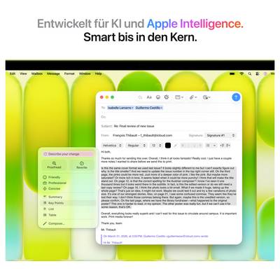 Ein E-Mail-Fenster auf einem Computerbildschirm zeigt eine Nachricht an François Thibault. Darunter ein Menü mit Erinnerungsoptionen.