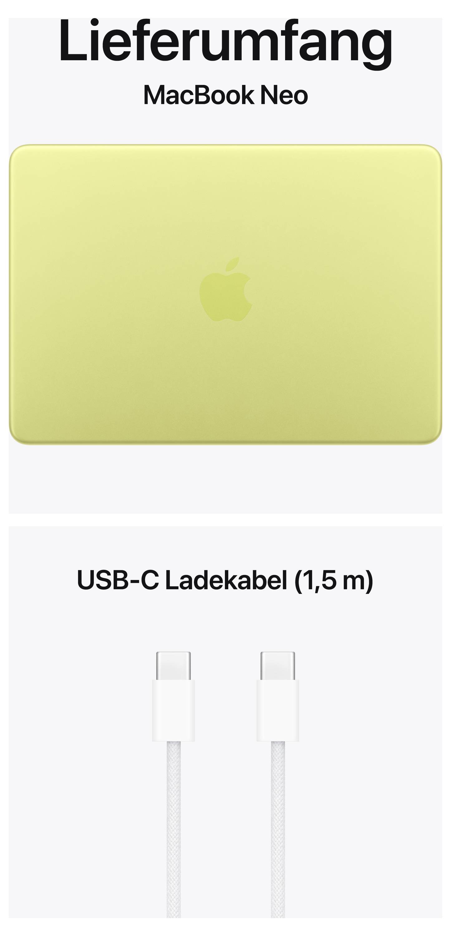 'Lieferumfang MacBook Neo: Gelbes MacBook und USB-C-Ladekabel (1,5 m).'