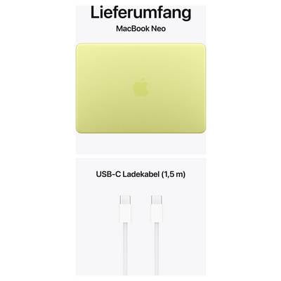 'Lieferumfang MacBook Neo: Gelbes MacBook und USB-C-Ladekabel (1,5 m).'