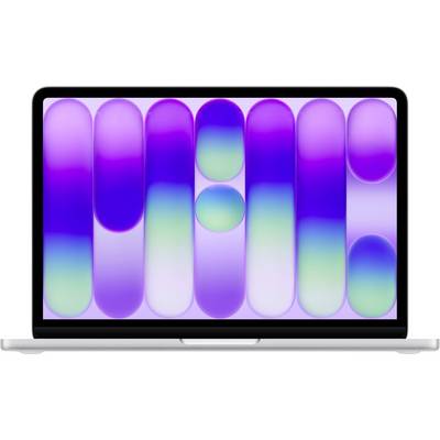 Laptop-Bildschirm mit einem farbenfrohen abstrakten Gradient-Hintergrundbild mit hohen abgerundeten vertikalen Formen in Lila, Blau und Grün.