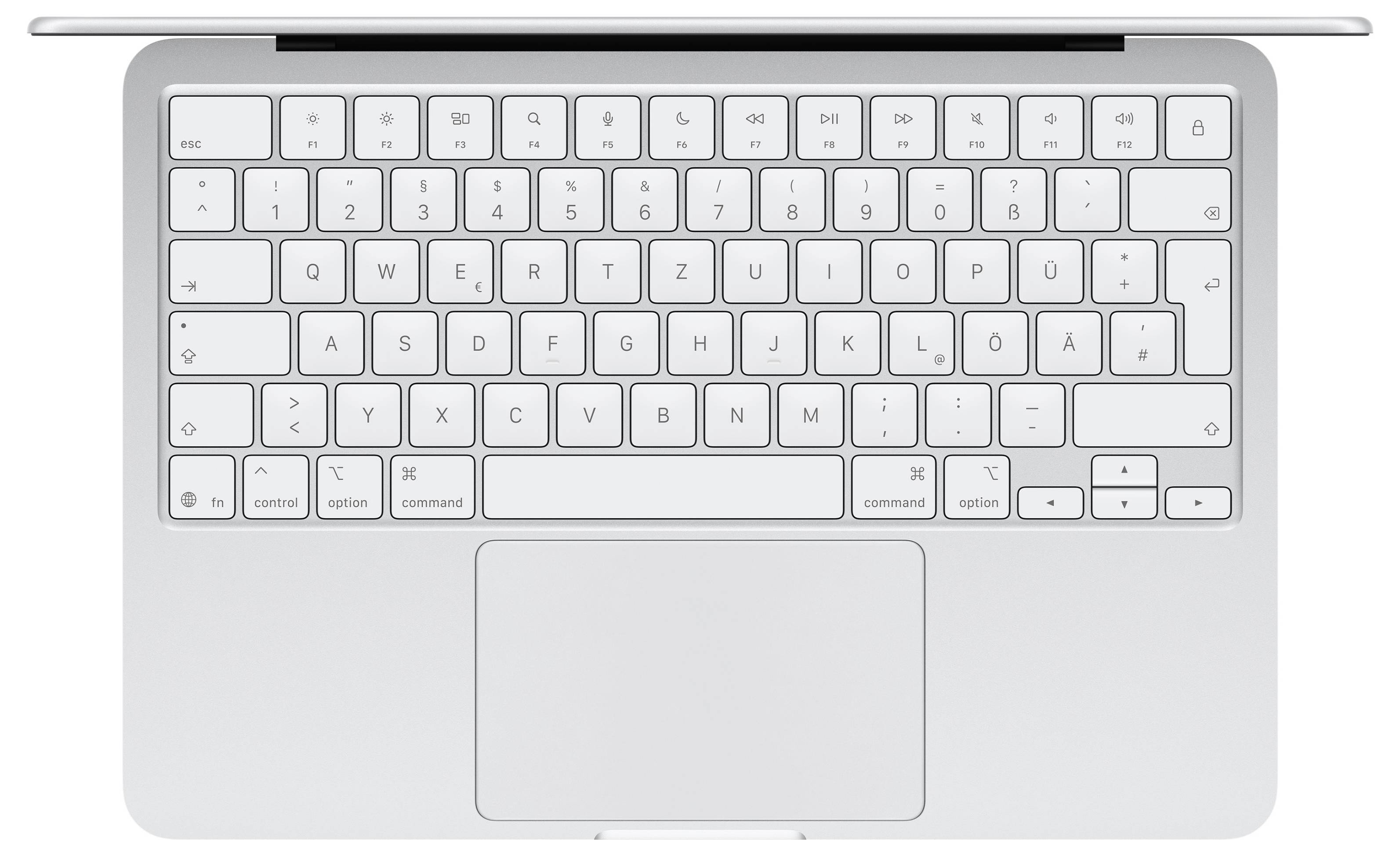 Eine silberne Laptop-Tastatur, von oben betrachtet, mit QWERTZ-Layout und einem großen Touchpad darunter.