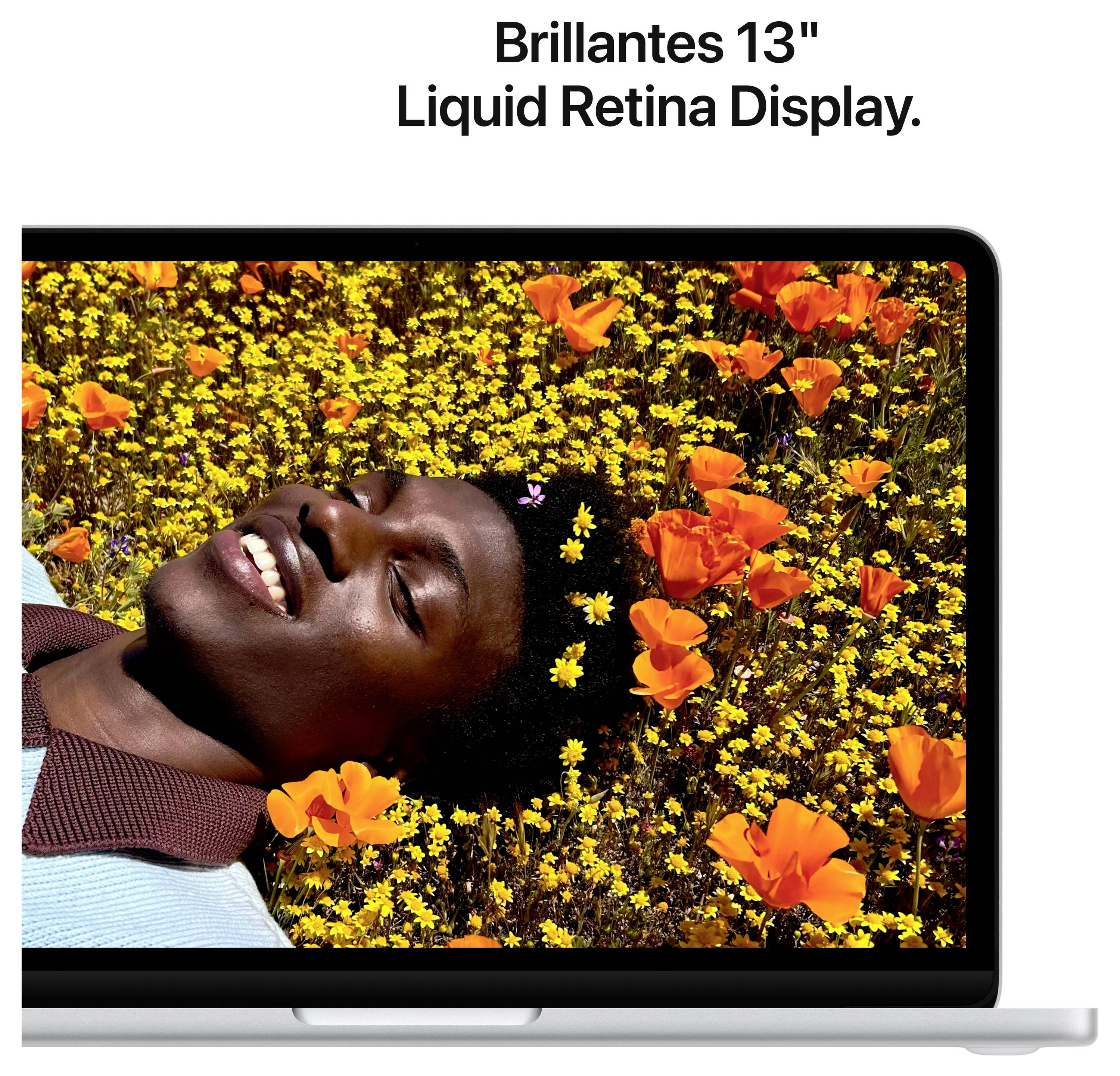 Ein lächelnder Mensch liegt auf bunten Blüten. Text: 'Brillantes 13" Liquid Retina Display'. Fokus auf Bildschirmqualität.