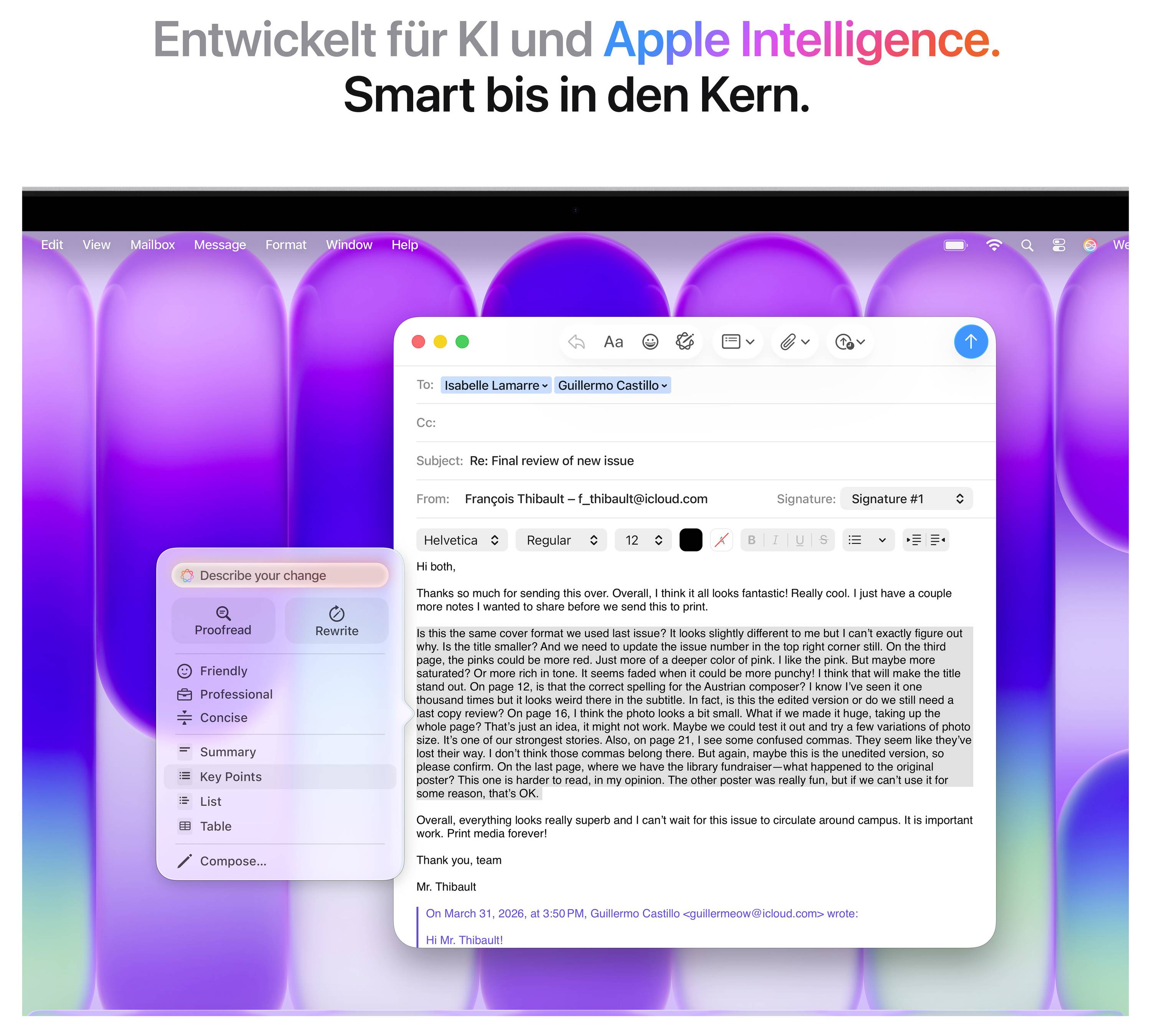 'Entwickelt für KI und Apple Intelligence. Smart bis in den Kern.' Ein Computerbildschirm mit einer E-Mail und überlagerten Menüs.