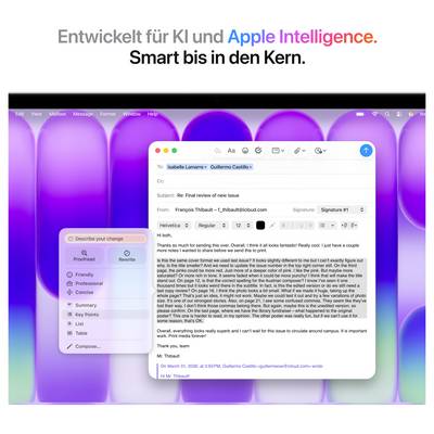 'Entwickelt für KI und Apple Intelligence. Smart bis in den Kern.' Ein Computerbildschirm mit einer E-Mail und überlagerten Menüs.