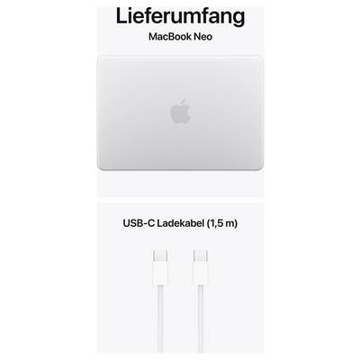 Lieferumfang: MacBook Neo in Silber und ein USB-C-Ladekabel (1,5 m).