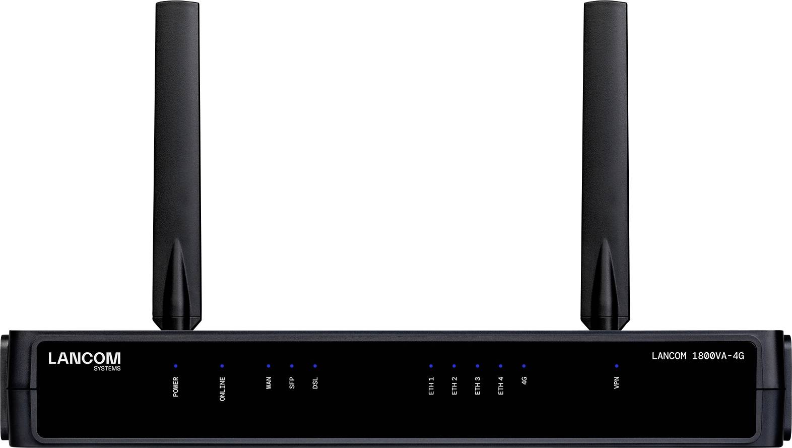Ein LANCOM Router mit Dualantennen und einer Reihe von Kontrollleuchten, gekennzeichnet mit „LANCOM 1800VA - 4G", das seine Konnektivitätsfähigkeiten unterstreicht.