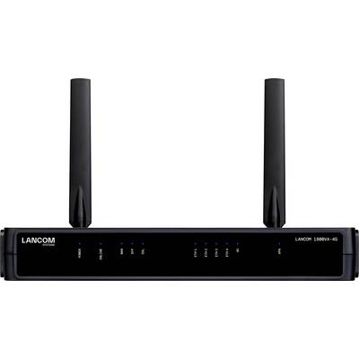 Ein LANCOM Router mit Dualantennen und einer Reihe von Kontrollleuchten, gekennzeichnet mit „LANCOM 1800VA - 4G", das seine Konnektivitätsfähigkeiten unterstreicht.