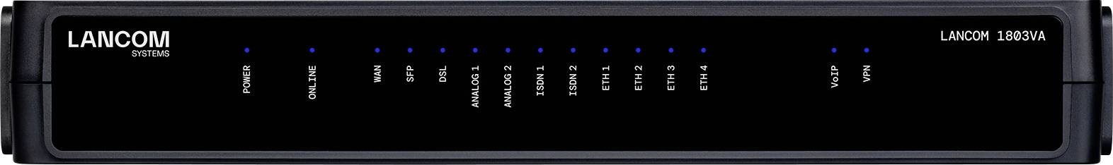 Ein schwarzer Netzwerk-Switch mit „LANCOM SYSTEMS"-Branding, 16 Anzeigelampen mit Beschriftungen für den Verbindungsstatus und Modell „LANCOM 1681V".