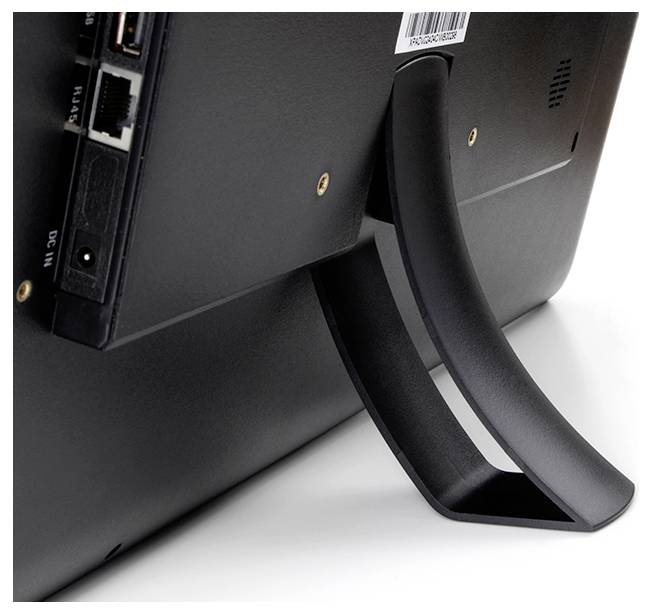 Rückansicht eines schwarzen Monitors mit Ständer und Anschlussanschlüssen, einschließlich Ethernet- und Stromeingänge.