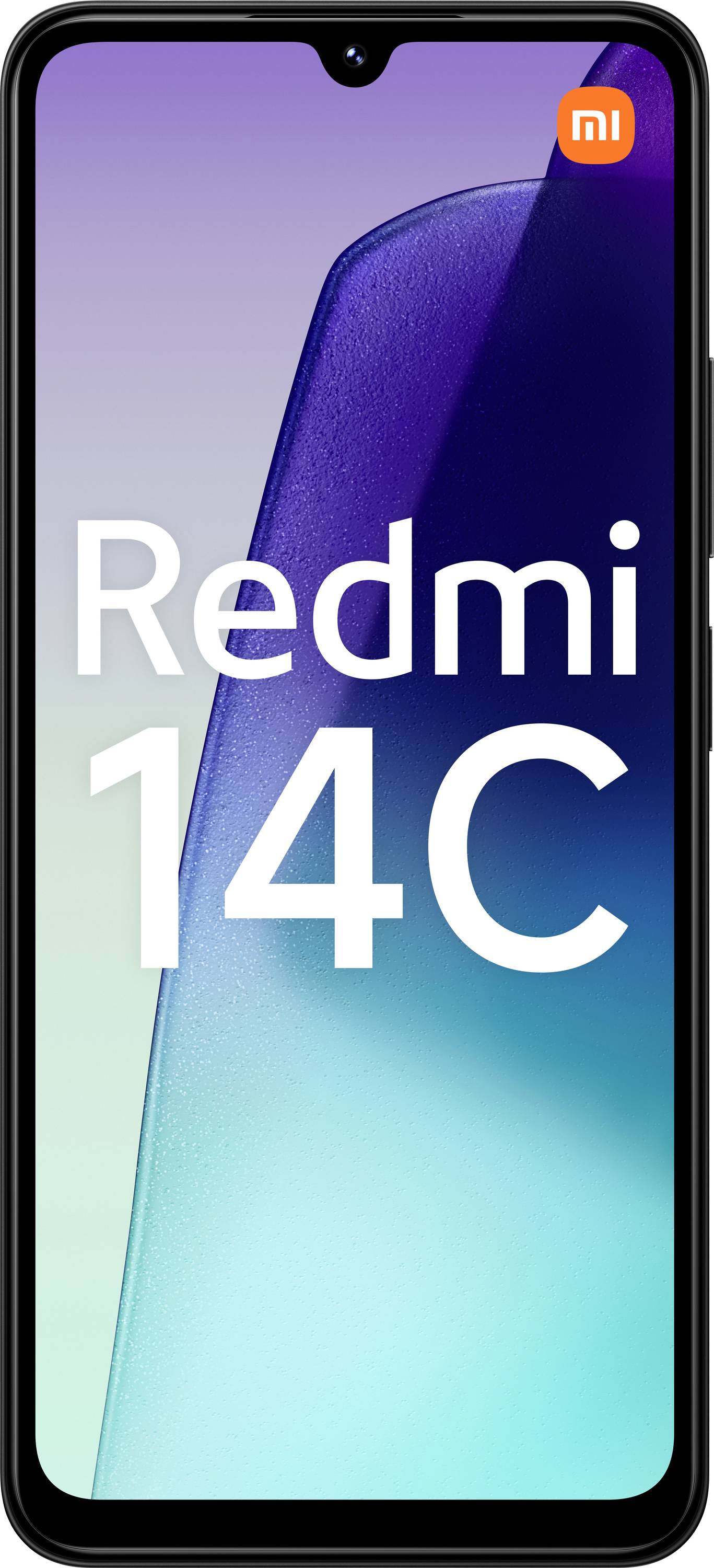 Ein Smartphone-Display zeigt den Text "Redmi 14C" mit einem Farbverlauf aus Blau und Lila im Hintergrund. Das Xiaomi-Logo befindet sich in der oberen rechten Ecke.