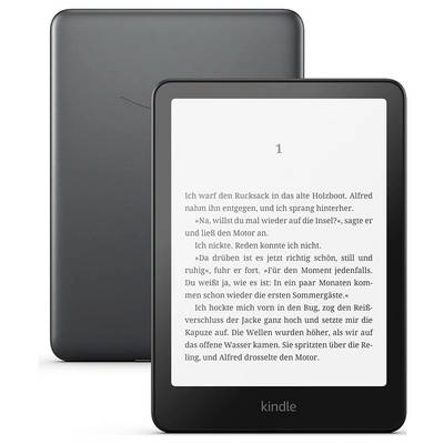 Ein E-Reader mit geöffneter Buchseite zeigt den Text 'Na, willst du mal wieder auf die Insel?', sagte er und ließ den Motor an. Rückansicht daneben.