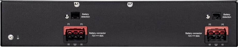Rückseite eines Servers oder Stromgeräts mit zwei roten Batteriesteckern mit der Bezeichnung "Batteriestecker 72V max" und Batterieerkennung Anschlüssen.