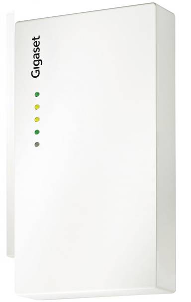 Ein weißes Gerät mit dem Markennamen „Gigaset" auf der Seite, das vier Anzeigelichter aufweist.