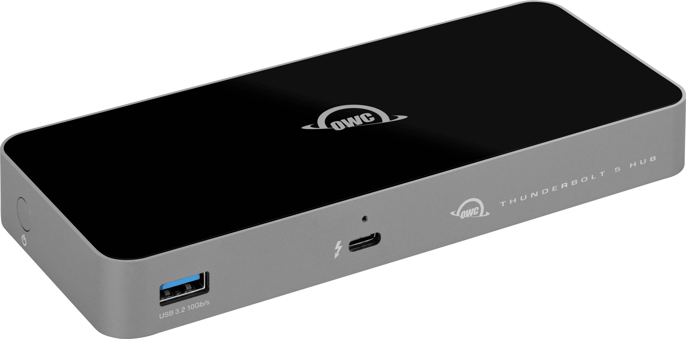 Ein schlanker, rechteckiger OWC Thunderbolt 3 Hub in Schwarz und Grau mit USB- und Thunderbolt-Anschlüssen an der Seite für Konnektivität.