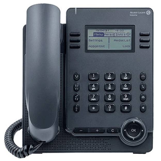Ein schwarzes Schreibtischtelefon mit digitalem Display, das Optionen wie "Menü", "Einstellungen" und "Wahlwiederholung" anzeigt, dargestellt mit Tastenfeld und Hörer.