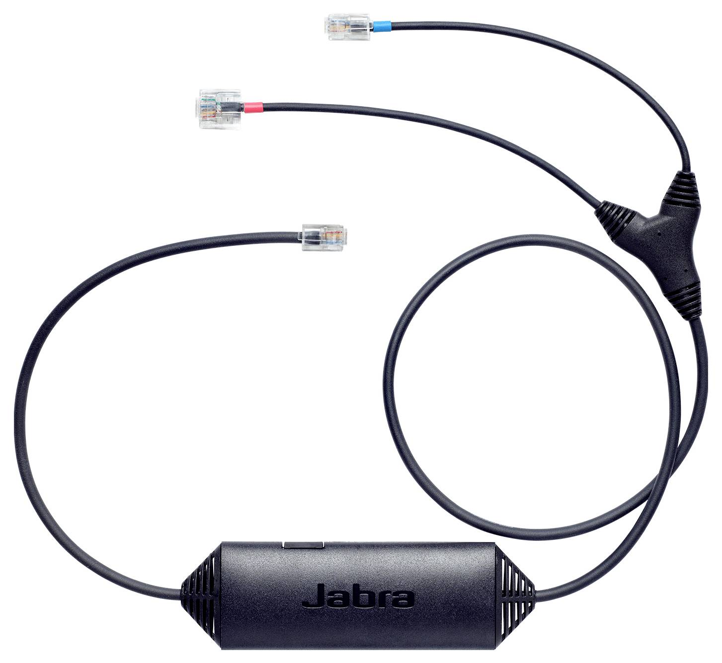 Jabra schnurgebundener Kopfhöreradapter mit drei gekennzeichneten Steckerdenden und einem zentralen Inline-Steuermodul.