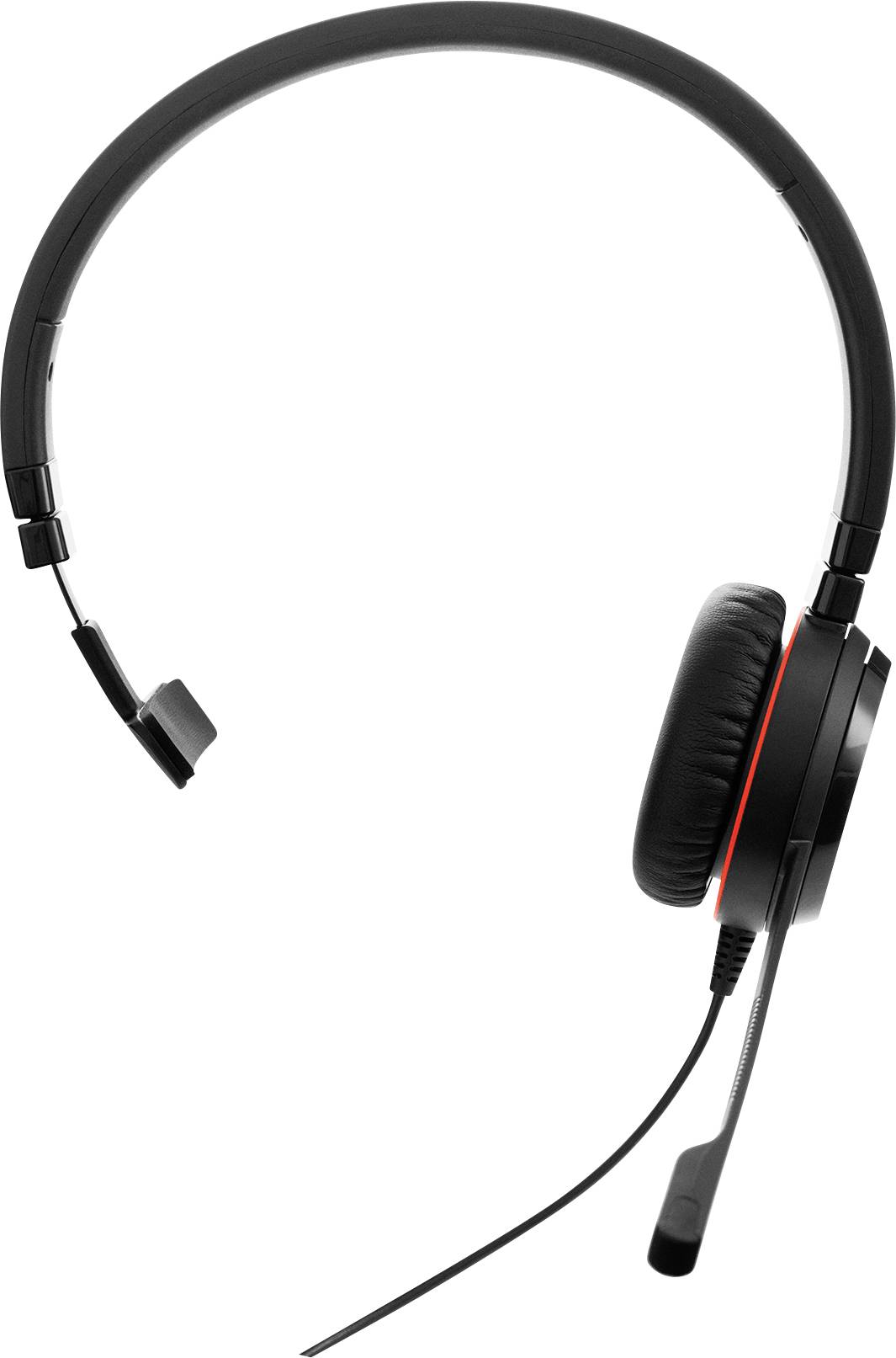 Ein schwarzes Kopfbügel-Headset mit Kabelverbindung und Mikrofon-Ausleger.